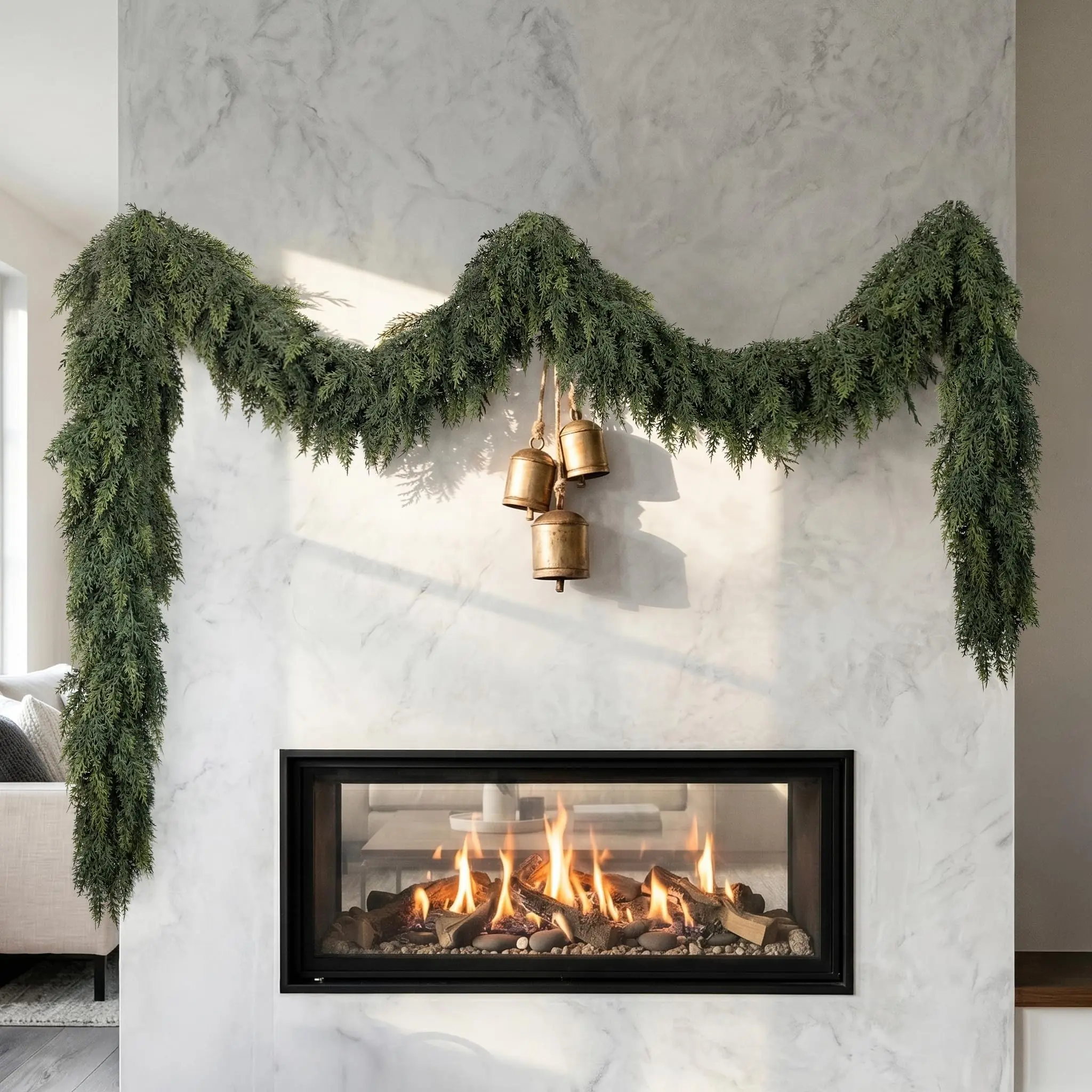 2-Pack 9-Foot Christmas Cedar Wreaths, Realistic Soft Greenery Decor, Dense Artificial Vines for Fireplace, Staircase, Doorway, Window, Indoor Home Decoration