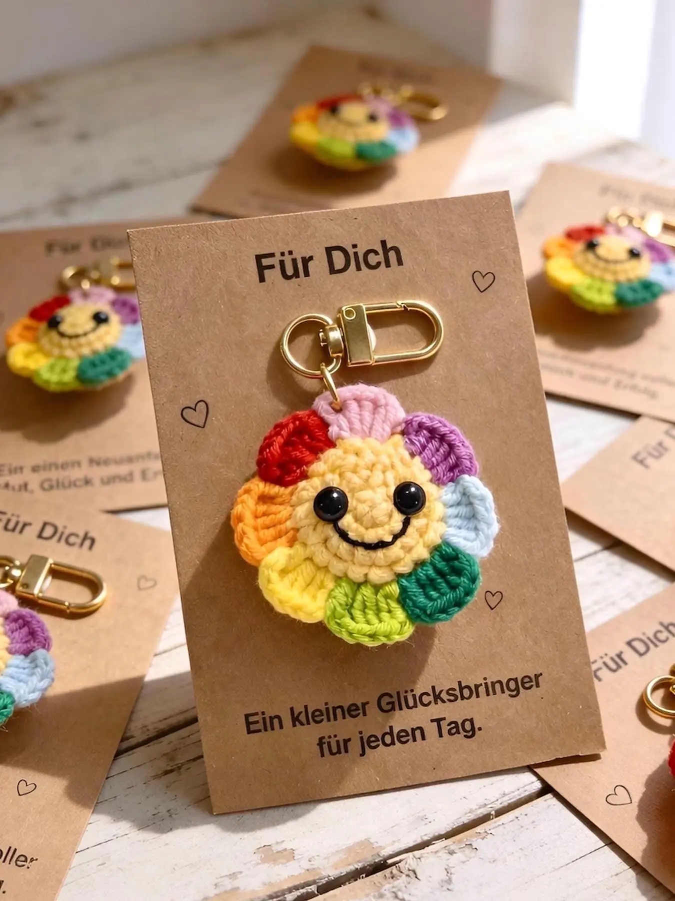 1pc Hand Crochet Rainbow Smiling Face Flower Keychain, German Kraft Card Pack Lucky Gift, Little Luck Gift For Friends, Bestie Couple Daily Small Gifts, Girly Keychain