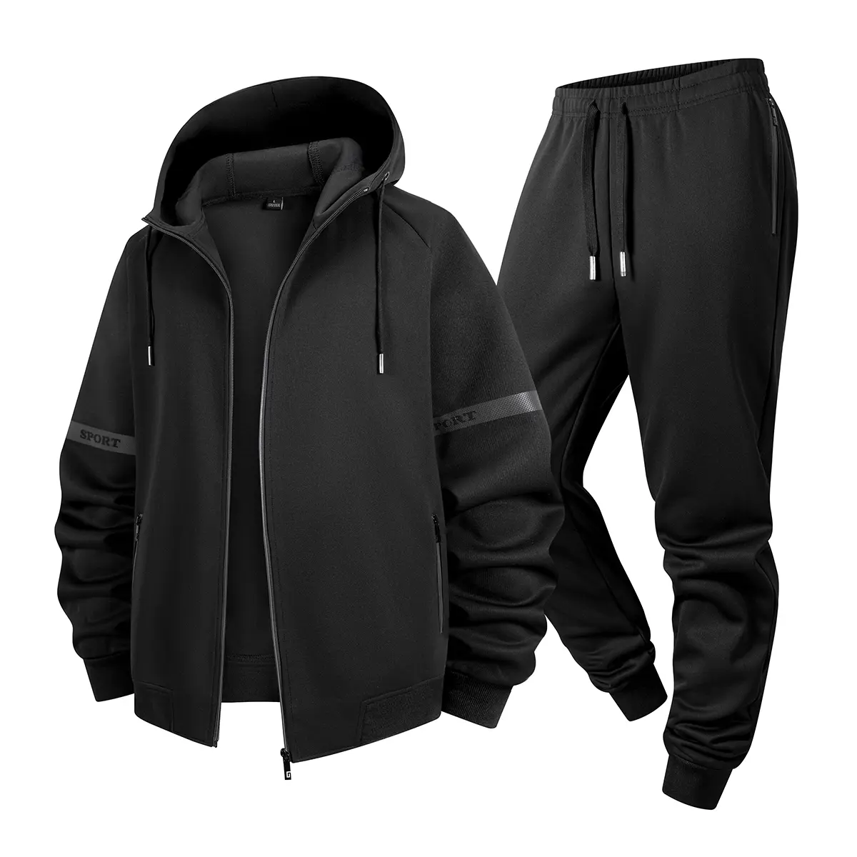 Men's 2‑Piece Tracksuit Outfit Set, Full Zip‑Up Hooded Jacket With Sleeve Sport Label Tape Detail&Jogger Pants, Drawstring Hood, Zipper Side Pockets, Elastic Drawstring Waist Joggers, Cuffed Ankle Cuffs, Regular Fit Suit For Sport Training, Home Wear