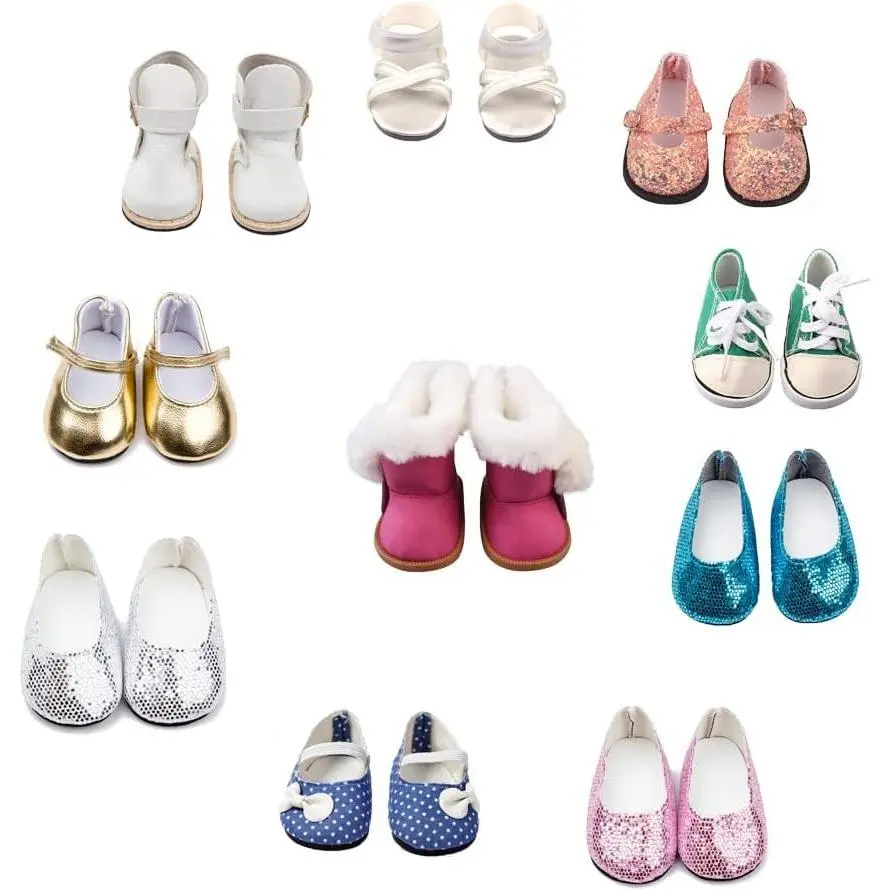 10 Pairs of 18-Inch Doll Shoes - 2.75in Boots Dance Shoes Sandals Casual Canvas Shoes for 18" Dolls Accessories