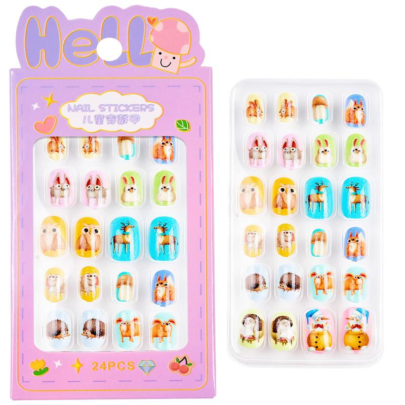 24Pcs/Box Children False Nails Kids Cartoon Girl Press on Nail Short Artificial Fake Nail Safe Full Cover Acrylic Nail Tips Kits