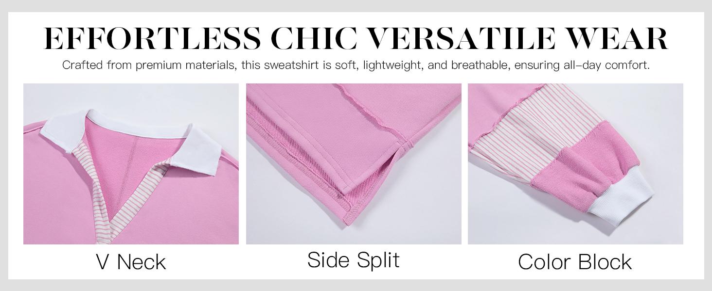 Imily Bela Womens Color Block Oversized Sweatshirt V Neck Long Sleeve Casual Loose Pullover Tops Hoodie Striped Pink & White