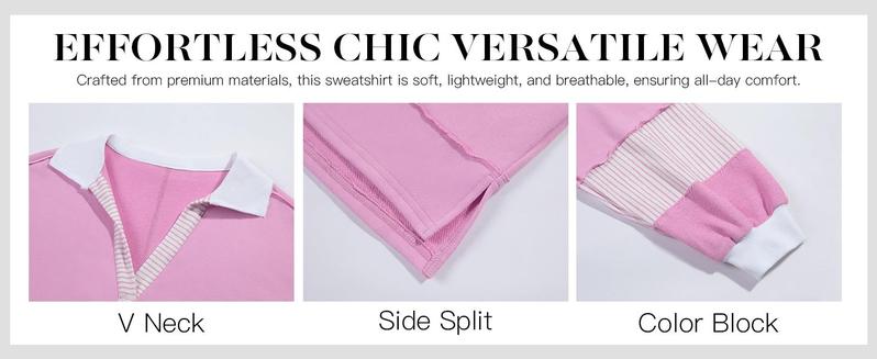 Imily Bela Womens Color Block Oversized Sweatshirt V Neck Long Sleeve Casual Loose Pullover Tops Hoodie Striped Pink & White