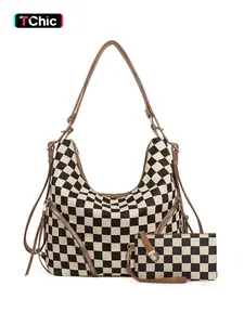Women's Large Checkered Crossbody Bag Set, Casual Shoulder Bag, PU Fashion Hobo Satchel, Multipurpose 3 in 1 Convertible Backpack, Adjustable Shoulder Strap