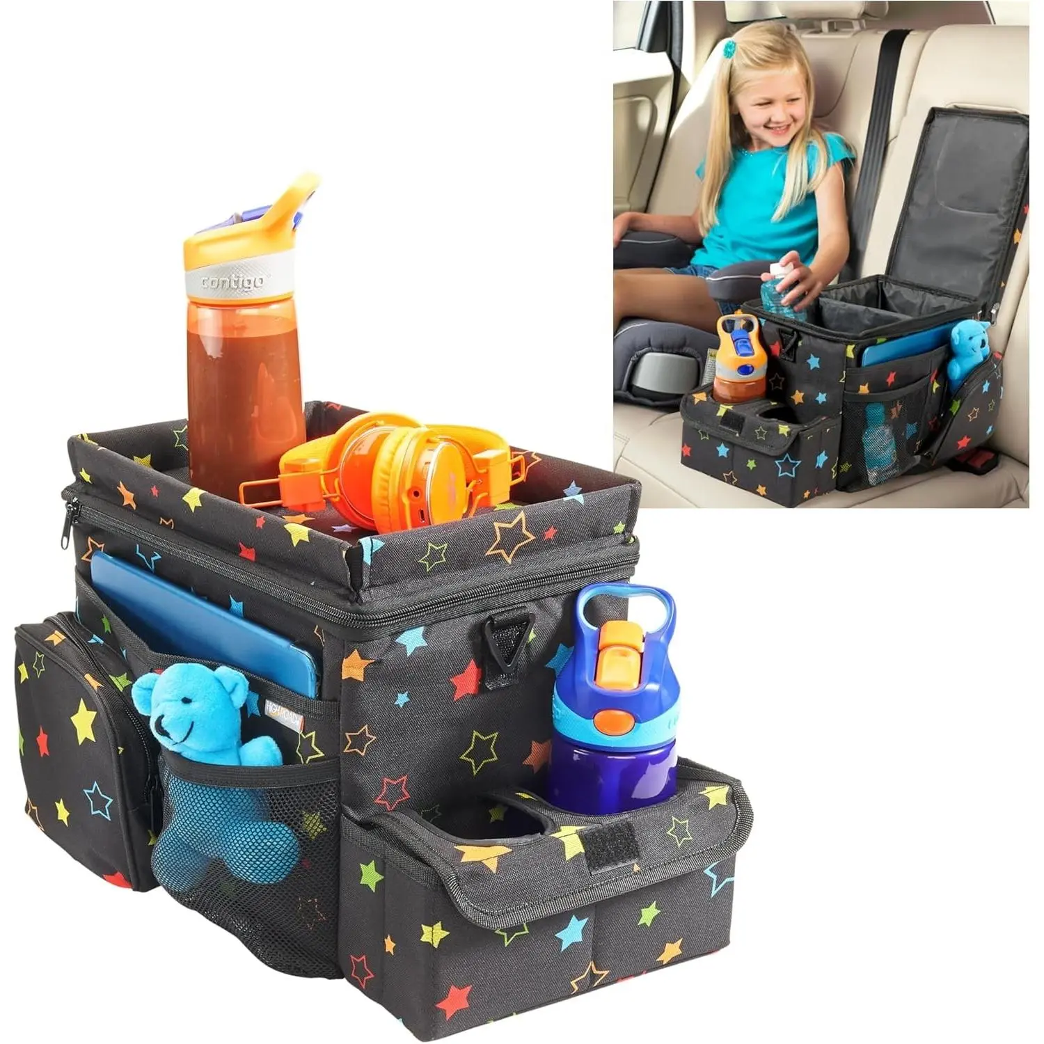 Original 15 Qt CarHop Car Caddy Organizer - Folds Down, Road Trip Cooler, Car Cup Holder Bin, Sturdy Snack & Play Lid, 6 Organization & Storage Pockets, Starry Night