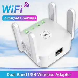 WiFi Extender, AC1200 dual band booster with 4 high-gain antennas, strong wall penetration and Whole House WiFi Coverage, Built in Ethernet port connects up to 100 devices for streaming and gaming at home, apartments and offices