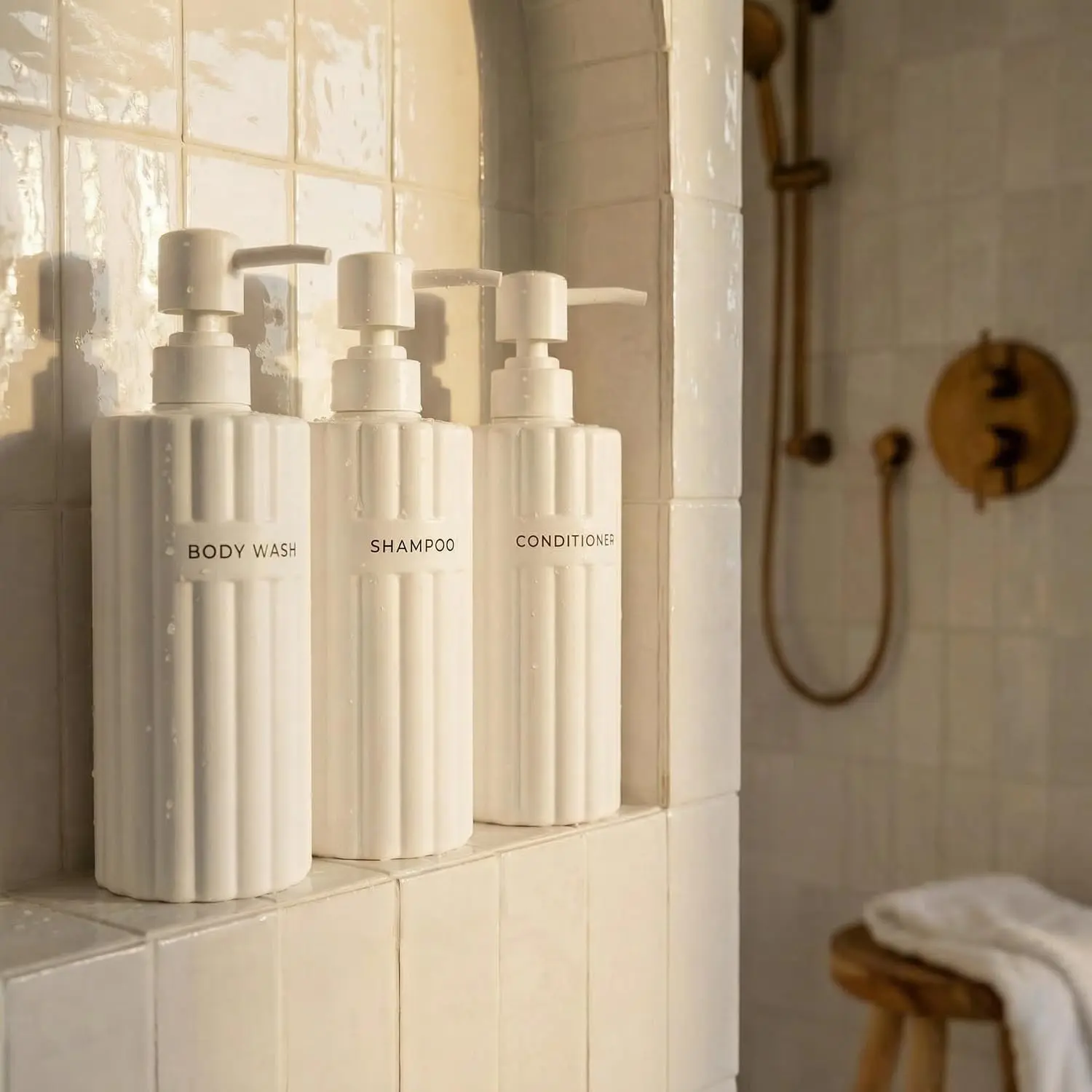 Set of 3 Fluted 19oz Shampoo & Conditioner Dispenser Bottles - Modern Refillable Body Wash Soap Dispensers for Instant Bathroom Decor UpgradeGift