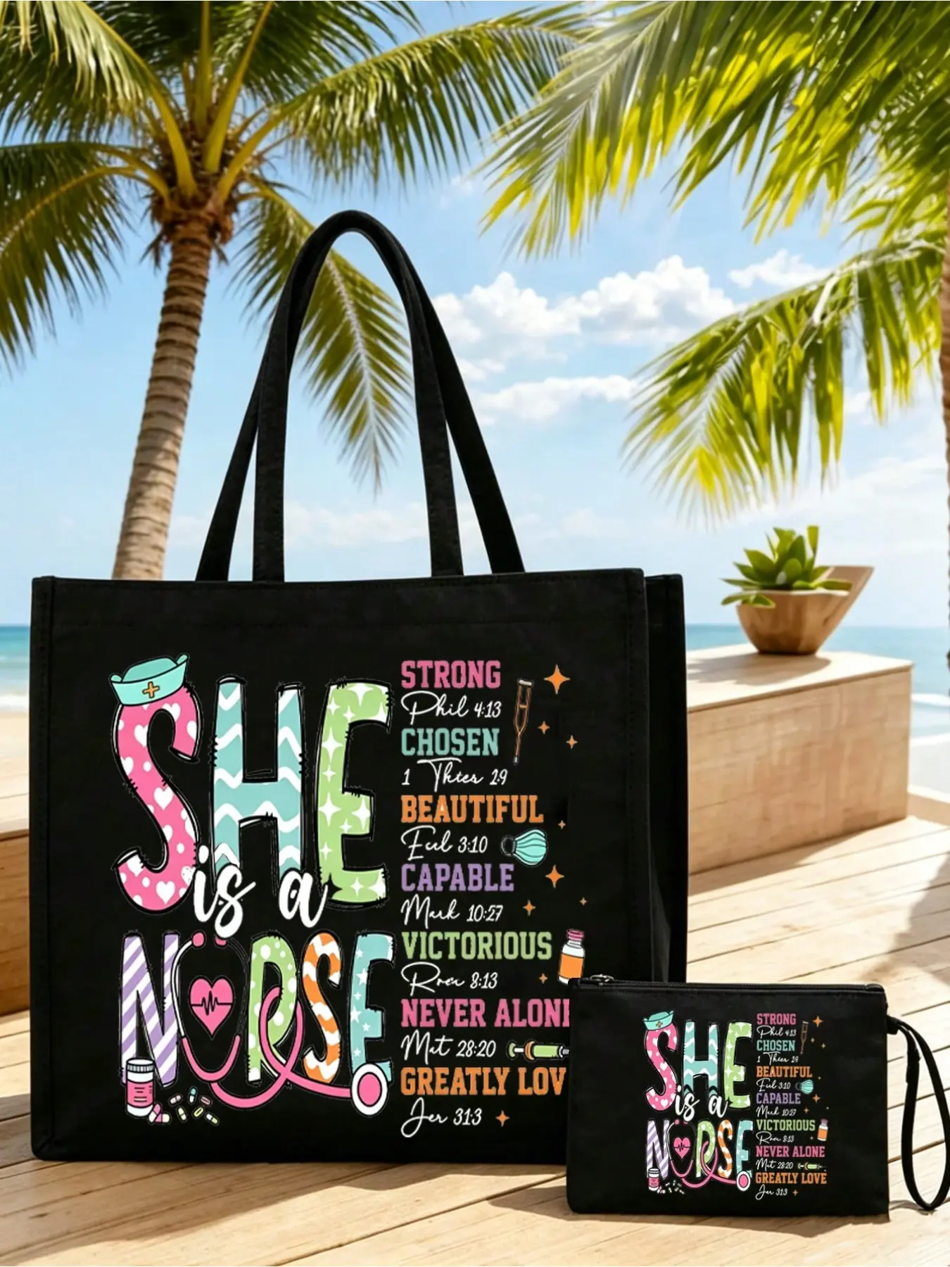 Black Linen Canvas Handbag Set, Nurse-Themed Canvas Tote Printed with Hearts, Medicine Bottles, Stethoscopes, Medical Supplies & Leopard Print Accents, Perfect Gift for Nurses, Nursing Students & Doctors, Ideal for Workplace, Clinics, Hospitals & Travel