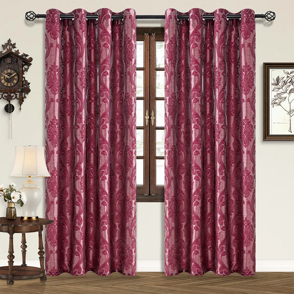 2-Panel Burgundy Damask Jacquard Grommet Curtains - Vintage Patterned Semi-Blackout Light Filtering Drapes, Do Not Iron Window Treatments for Bedroom, Living Room