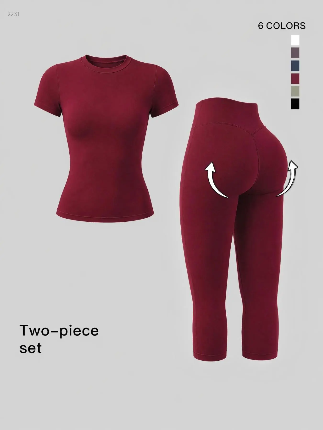 C2231 Luxurious Sporty Two-Piece Set, Slim-Fitting High-Waist Seven-Quarter Pants & Comfortable Short Sleeve Top, Ideal for Yoga & Fitness, Athleisure Sportswear Set