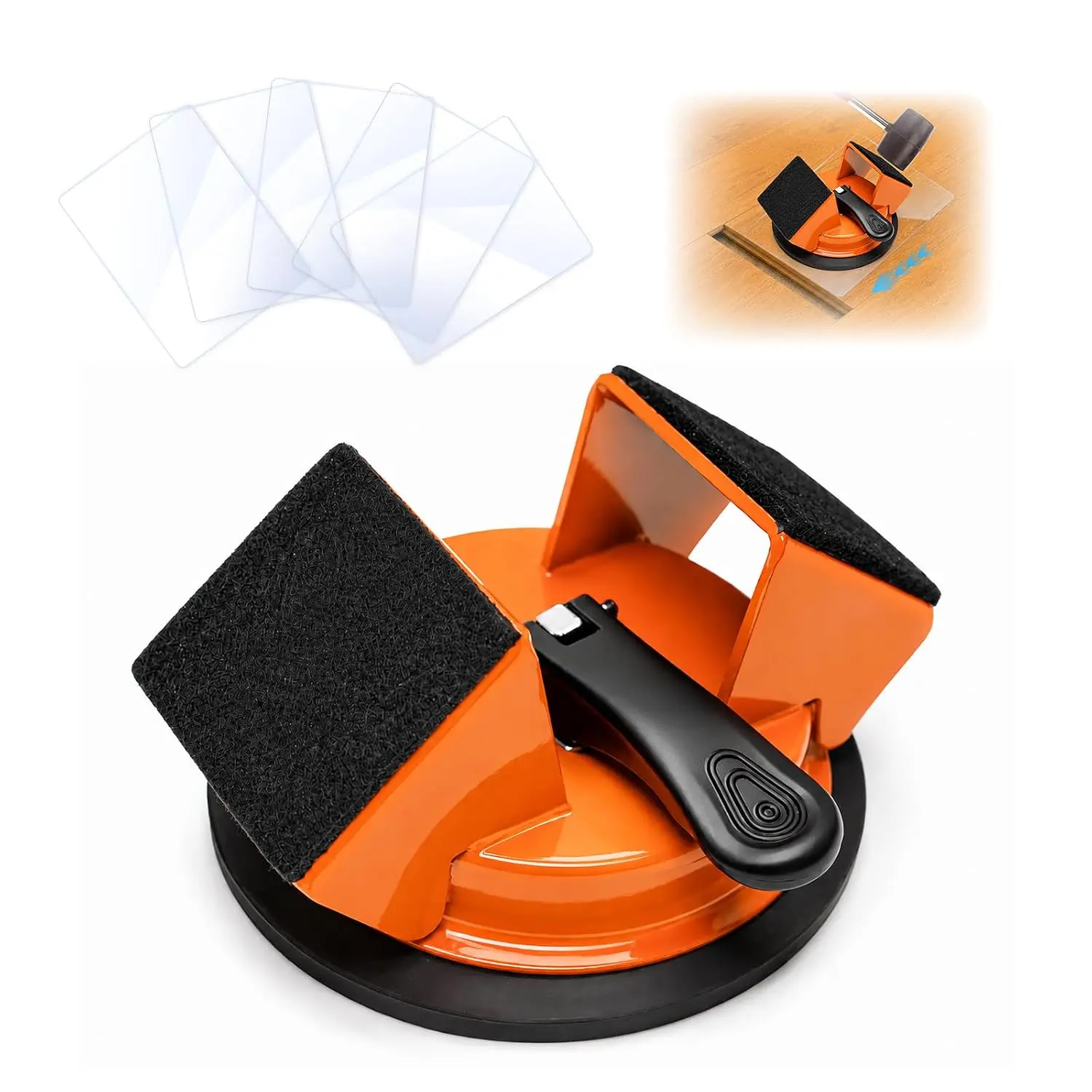 Heavy Duty Floor Gap Fixer Tool, -Sided 45°Striking Surface - Orange | Vacuum Suction Cup Floor Gap Repair Tool with 5 count Sticky Pads, Iron Plank Grabber for Fixer Laminate Vinyl Flooring Tools