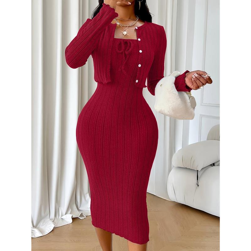 Elegant Ladies Two-Piece Set: Chic Solid Color Bow Tie Dress and Short Coat-Long Sleeve, Rib Knit, Machine Washable, Texture, Shirt Womenswear Womenswear