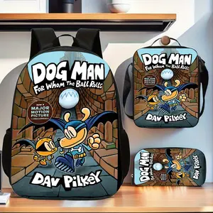 Detective Dog Castle American Comic Brown Three-Piece School Bag Set, including a backpack, insulated lunch bag, and pencil case, suitable for teenagers' daily school use