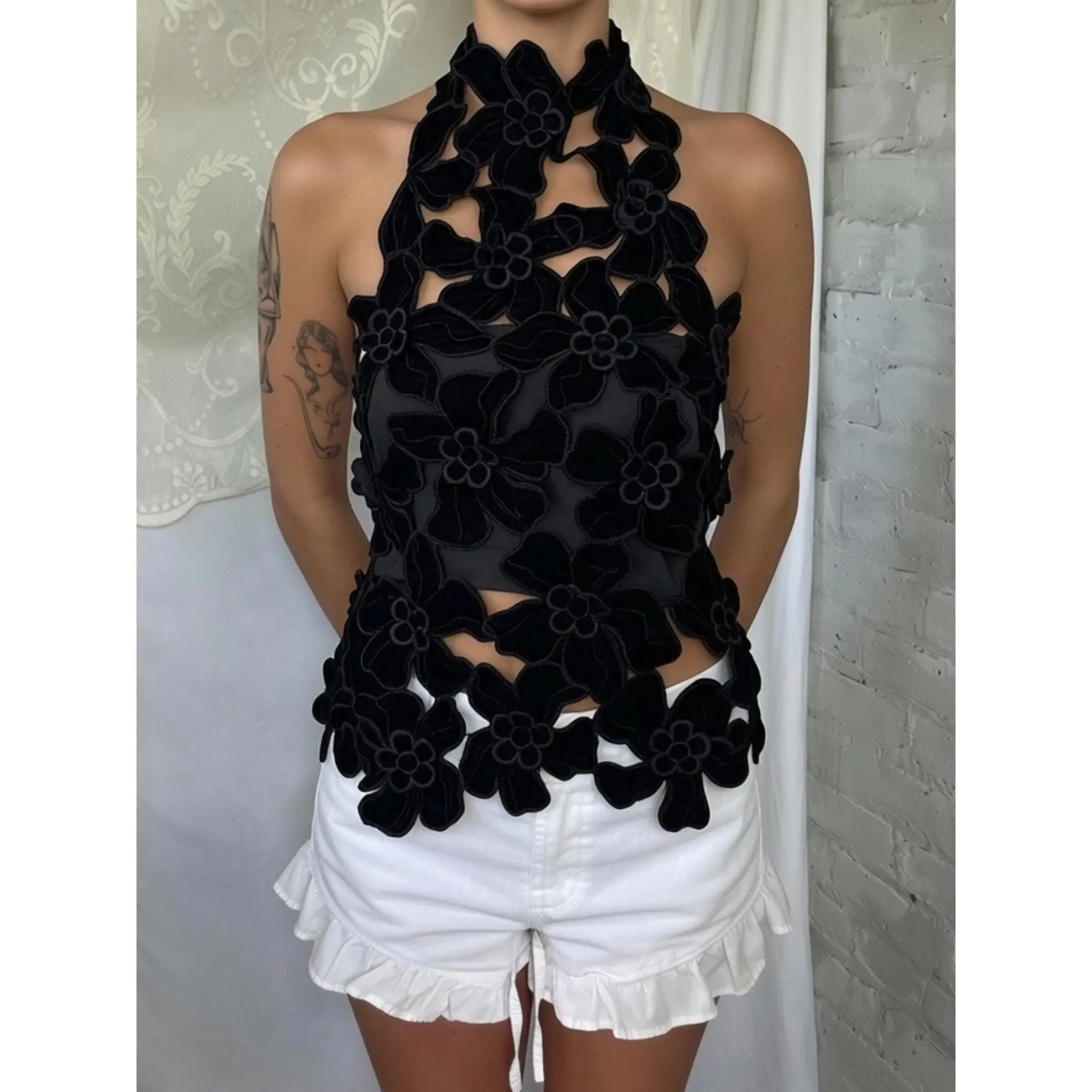 Flower Embroidered Halter Tops y2k Women Cut Out Sleeveless Open Back Shirts Trendy Summer Streetwear