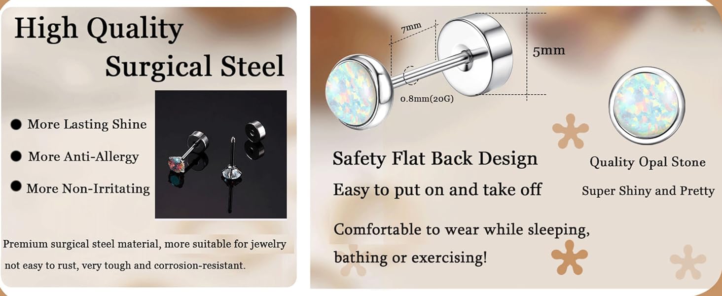 Jstyle 8 Pairs Surgical Steel Earrings for Sensitive Ears Hypoallergenic 20G Stainless Steel Stud Hoop Earrings for Women Men Small Opal Ball CZ Studs & Hoops Jewelry - Studearrings