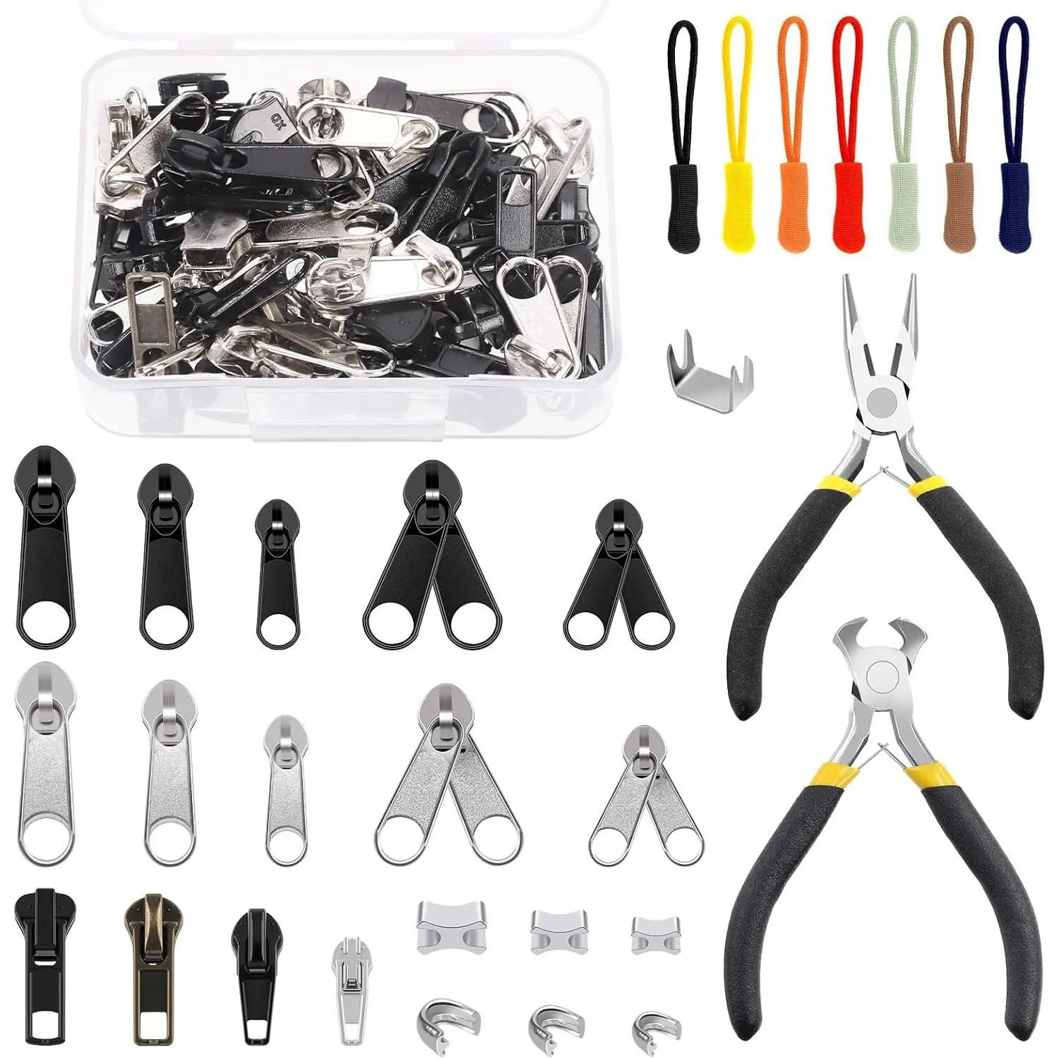 144 count Zipper Repair Kit - Includes 62 Zipper Replacements, 70 Stops, 10 Pulls, 2 Install Pliers, Sliders & Fixers for Bags, Jackets