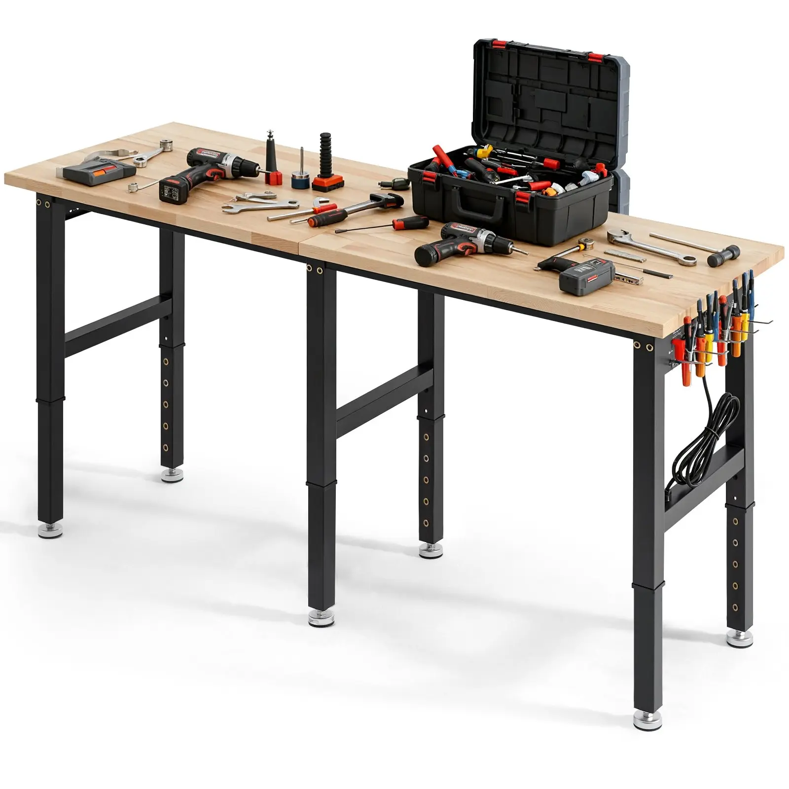 VEVOR Durable Adjustable Metal Workbench, 5000 lbs Capacity, 72x24 in Oak Wood Flat Top Office Desk with 4 AC Outlets, 2 USB Ports, Stable Leveling Ft, Heavy-Duty Power Station for Garage
