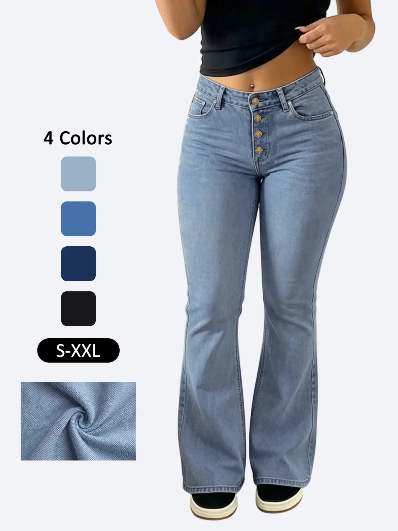 Women High Waist 4 Buttons Stretch Flare Jeans, Light Wash Slim Fit Bell Bottom Denim Jeans, Vintage Fashion Casual Long Trousers