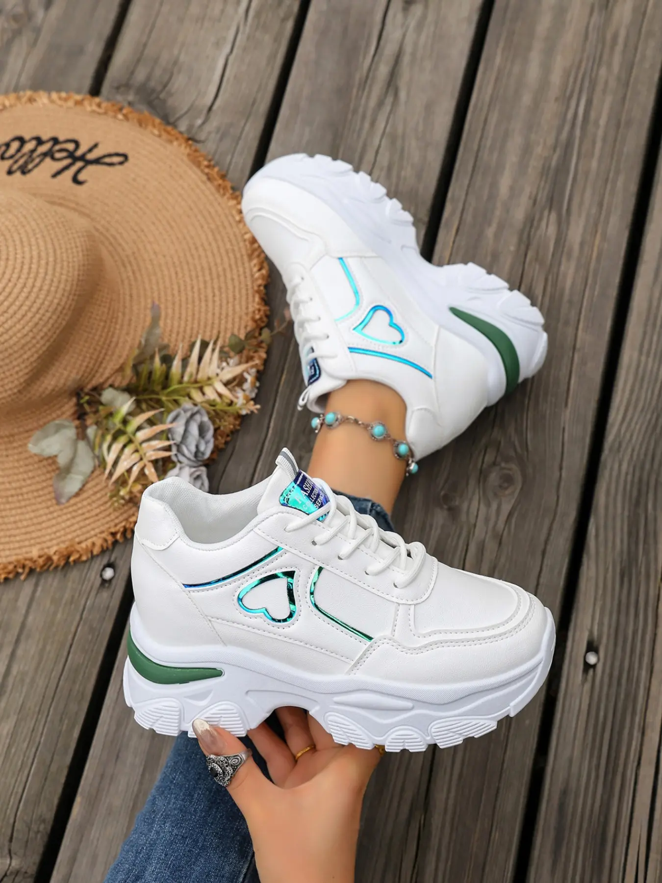 Women's Laser Heart Thick Sole Dad Shoes, Waterproof PU Height Boost Anti-Slip Casual Running Shoes, Korean Style All-Season Comfortable Shoes