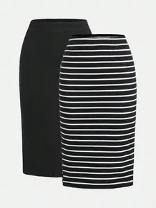 Plus Size Retro American Style Striped Plaid Midi Skirt, Side Split Design, Slim-Fitting, Casual All-Season, 2 Pieces Set