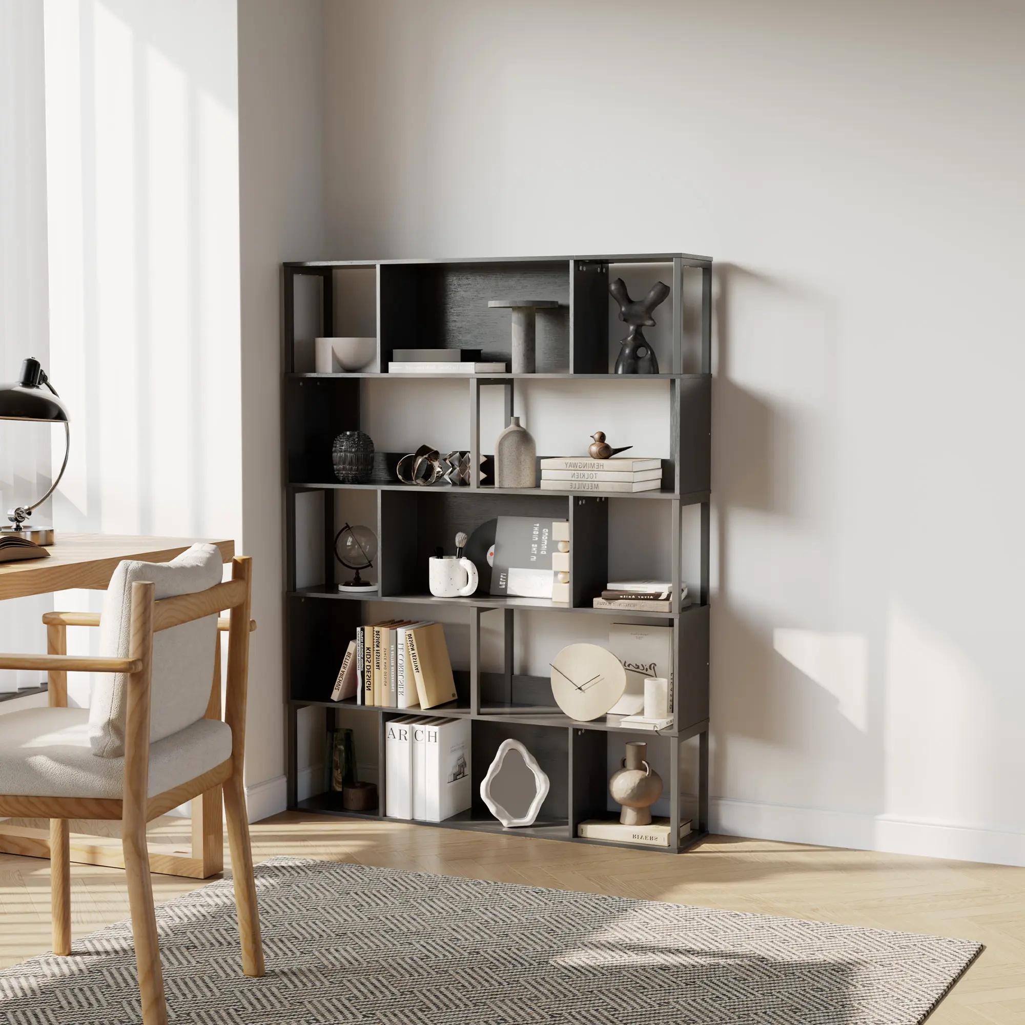 Industrial 5-Tier Freestanding Bookshelf, Tall Geometric Bookcase, Modern Room Divider & Display Shelf with Anti-Tipping Devices, Mid Century Bookshelf for Living Room, Home Office