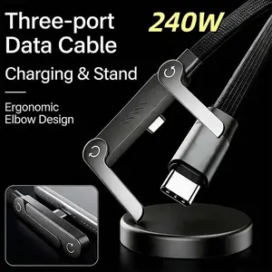 Invisible charging cable with stand, 240W braided fast charging cable, phone stand, with Type-C interface and foldable phone stand, suitable for smartphones and tablets (1/2 pack, 5 feet)