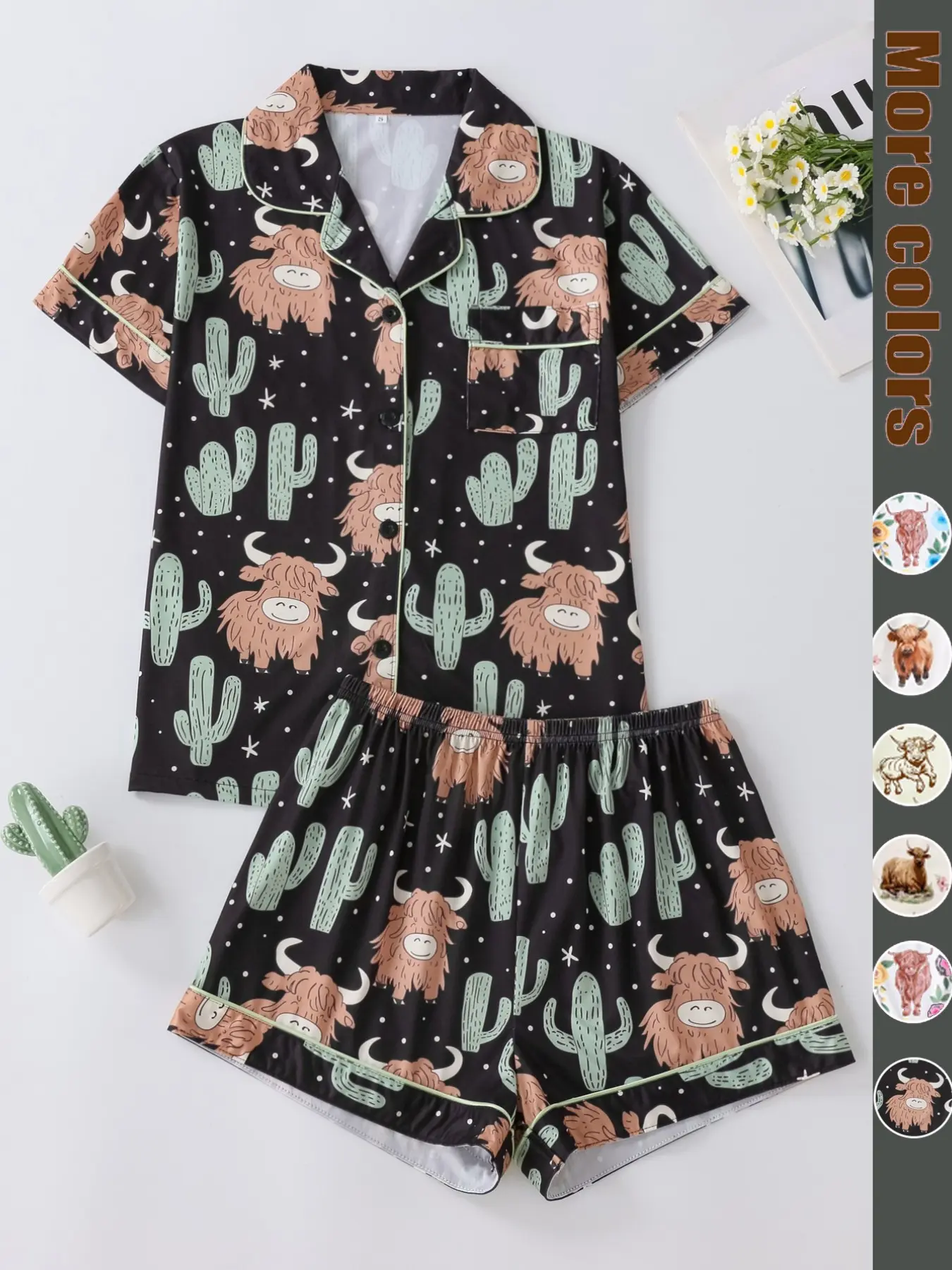 Women's All Over Cartoon Yak & Cactus Print Short Sleeve Pajama Two-Piece Set, Casual Comfy Button Front Chest Pocket Design Lapel Neck Top & Elastic Waist Shorts PJ Set, Ladies Sleepwear for All Seasons, Loungewear Pyjamas, Lounge Pjs Set