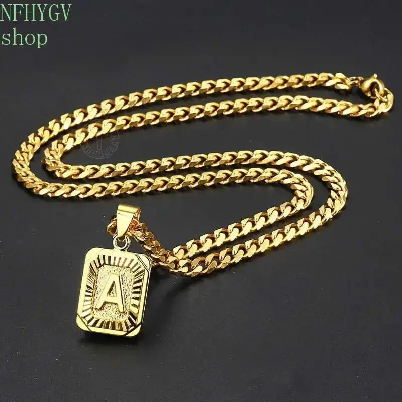 2026 Initial Letter Pendant Necklace For Men & Women, Gold Plated Square Capital Alphabet A-Z Charm Necklace, 5mm 22 Inch Curb Chain Choker