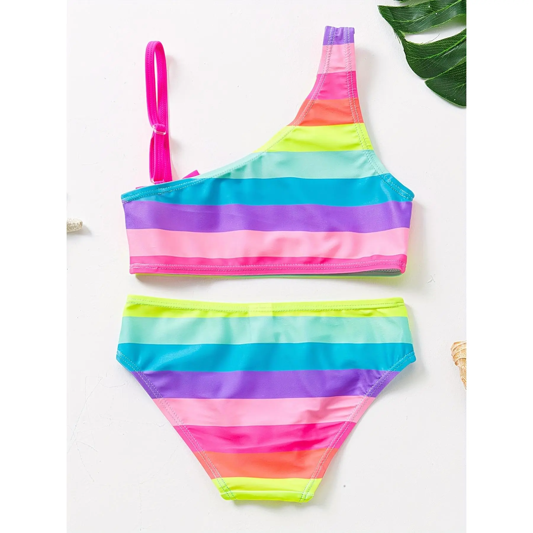 2pcs Toddler Girls Bikini Tankini Swimsuit Colorful Striped Graphic Bow Top & Shorts Set Kids Summer Outdoor Beach Clothes Bathing Suits