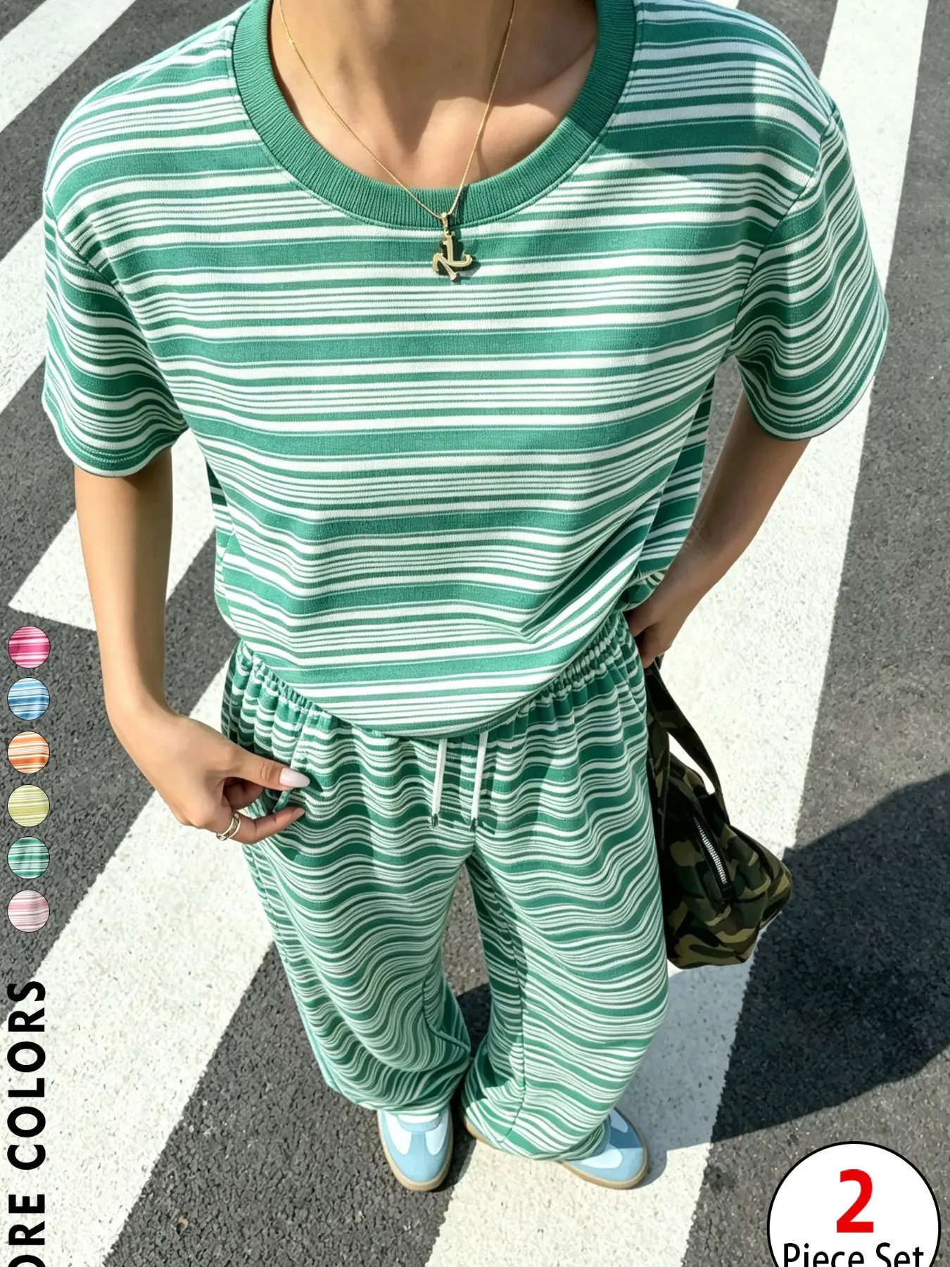 Women Striped 2 Piece Outfit Crew Neck Oversized Short Sleeve Tee & Drawstring Wide Leg Pants Set, Y2K Casual Loungewear Matching Tracksuit, Soft Cozy Daily Vacation Set, Trendy TikTok Viral Matching Set For Women Teen Girls