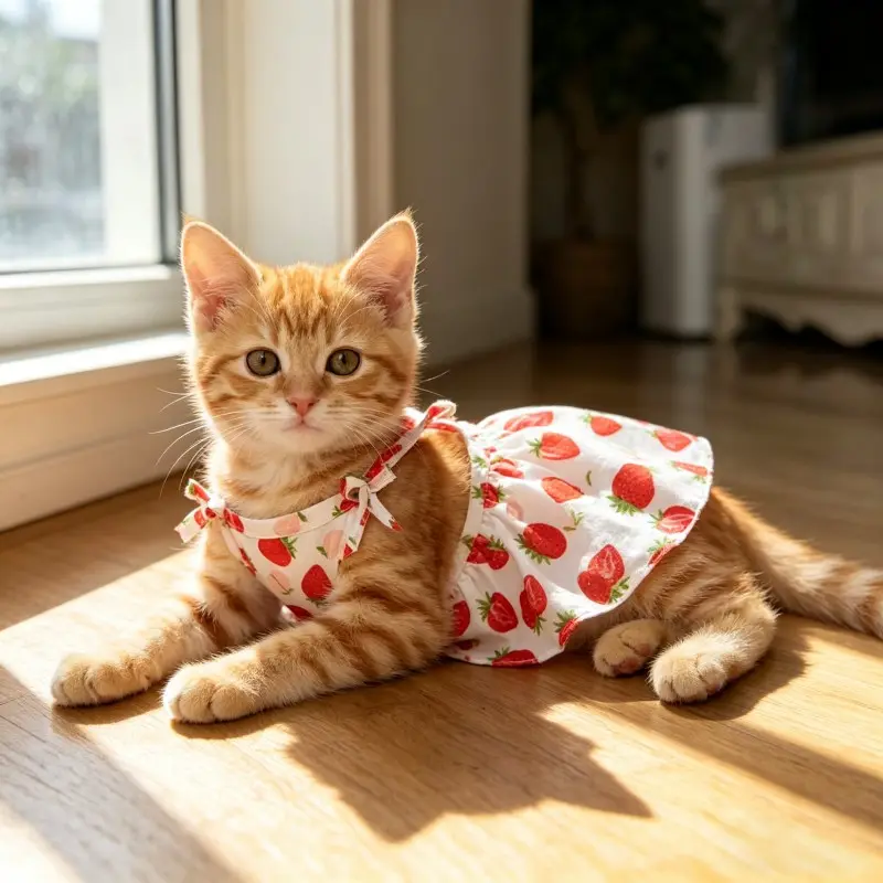 Cute Strawberry Pattern Pet Dress, Breathable Sleeveless Summer, Bow Decoration, Ideal for Small Dogs and Cats