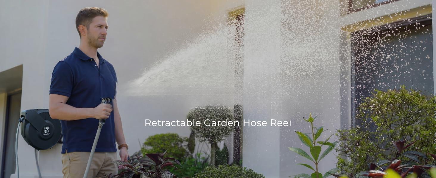 Retractable Garden Hose Reel 5/8"x100ft, 3-Ply Reinforced, High-Flow, Any Length Lock, 180 °   Swivel Bracket, Heavy-Duty Aluminum Mount, Slow Retract, Auto-Layer, 10 Spray Nozzle