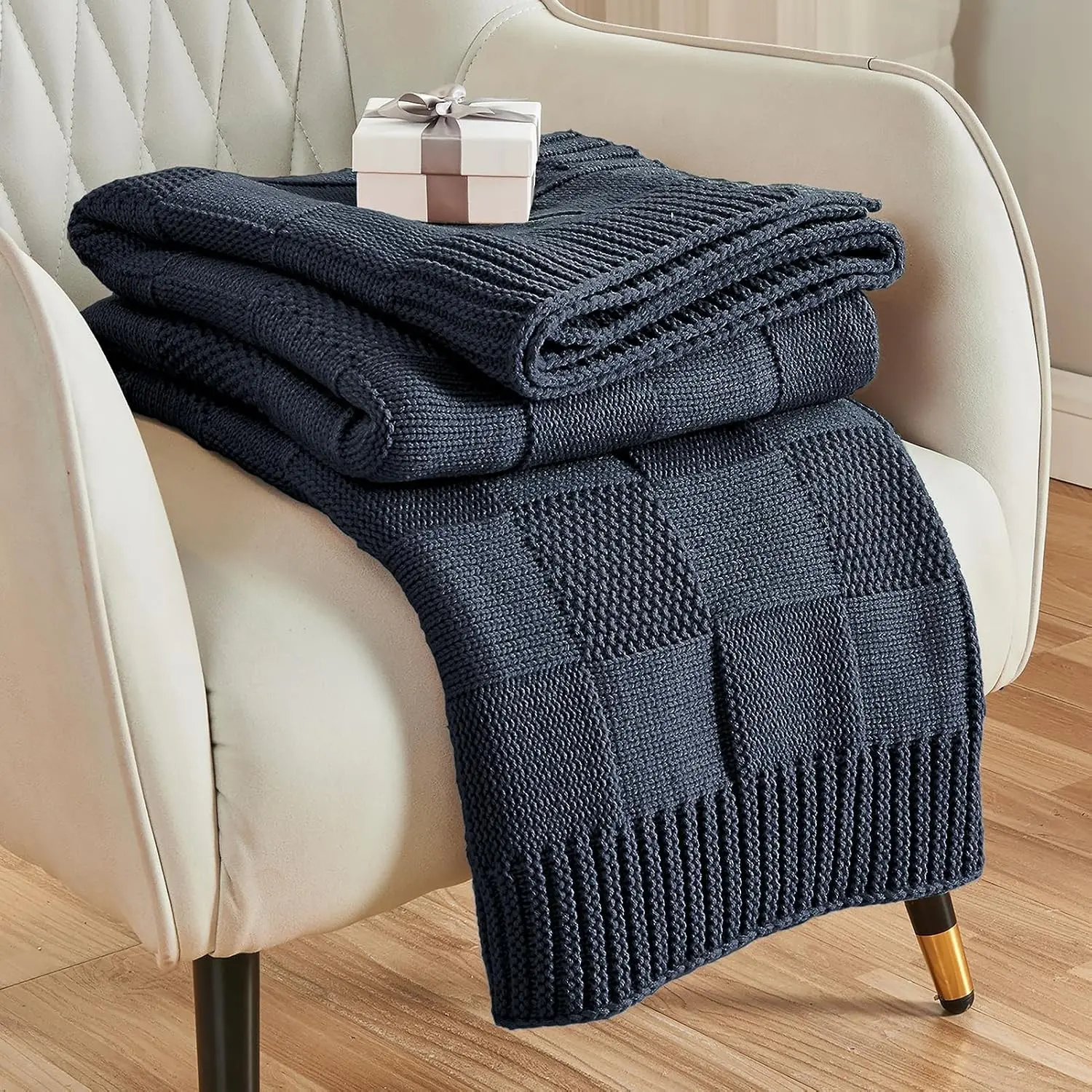 Check Knit Throw Blanket, Midnight Navy Checkered Throw for Couch, Decorative Christmas Soft Cozy Warm Knitted Blanket for Bed Sofa Living Room, 50"X60"