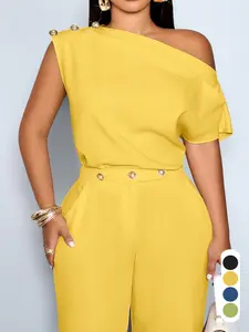 Summer Casual Fashion Women's Solid Blouse Top, Plus Size Asymmetrical Neck Decorative Button, Daily Wear Commute Summer Plus Size Women's Clothing