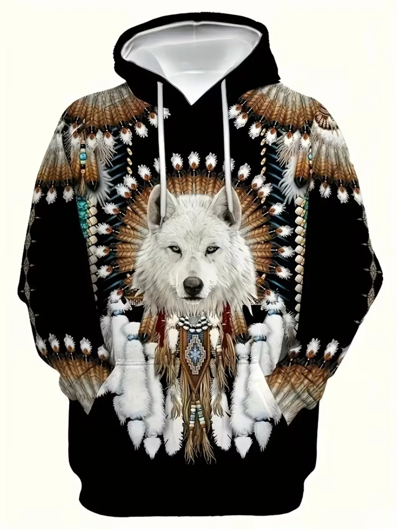 Men's Hooded Sweatshirt, Base Indian Wolf Feather 3D Print, Ethnic Retro Totem, Wild Animal Theme Streetwear, Casual Long Sleeve