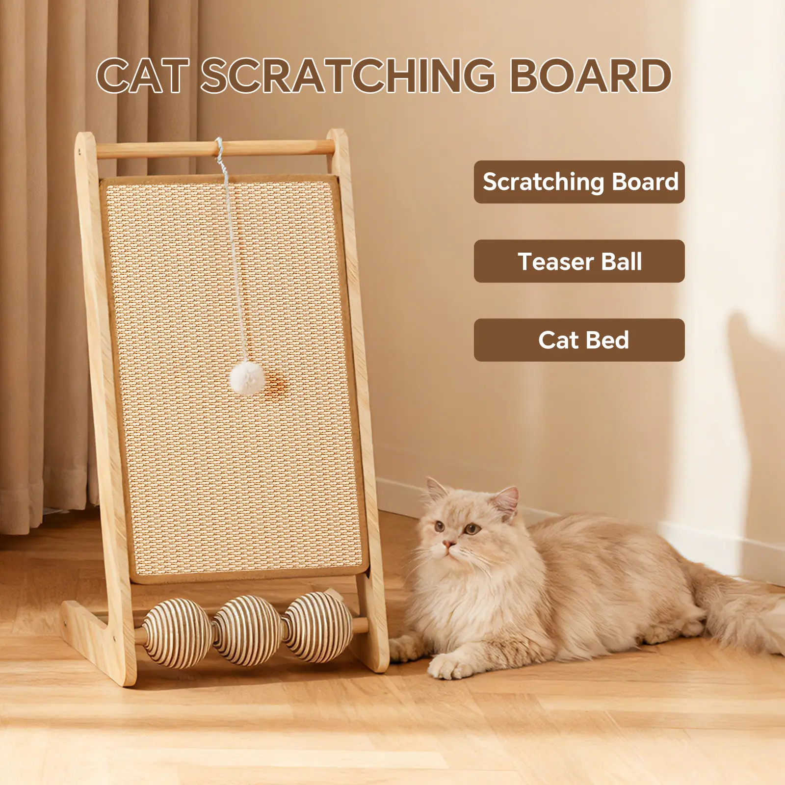 L-Shaped Sisal Cat Scratching Board with Hanging Bell Ball Vertical and Horizontal Cat Scratcher Pad Multi-Functional Cat Furniture for Claw Care