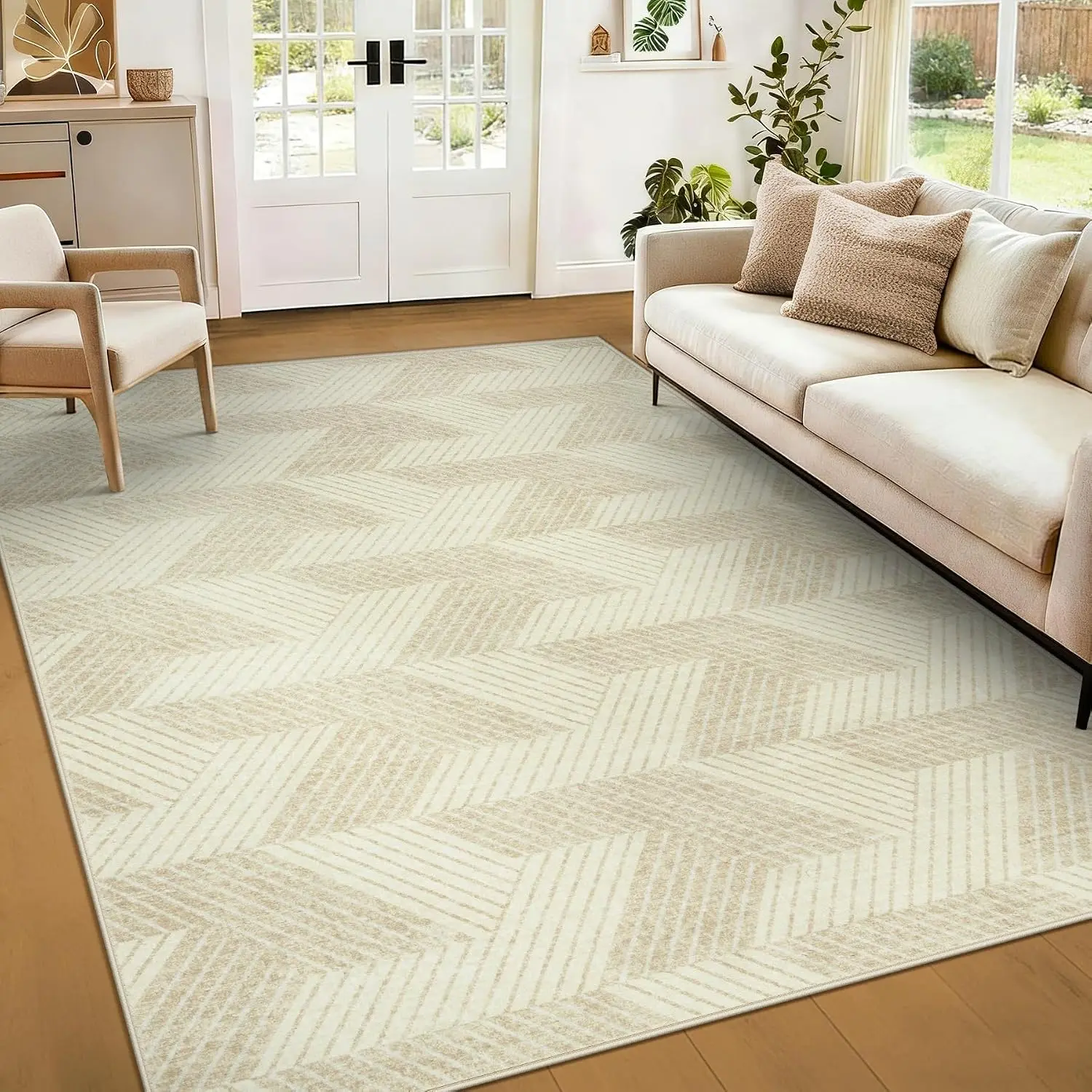 Area Rugs 5x7 for Living Room, Washable Geometric Beige Rug | Modern Non Slip Carpet for Bedroom, Dining Room,  Office, Stain Resistant, Water Repellent,  Friendly, Soft Low Pile