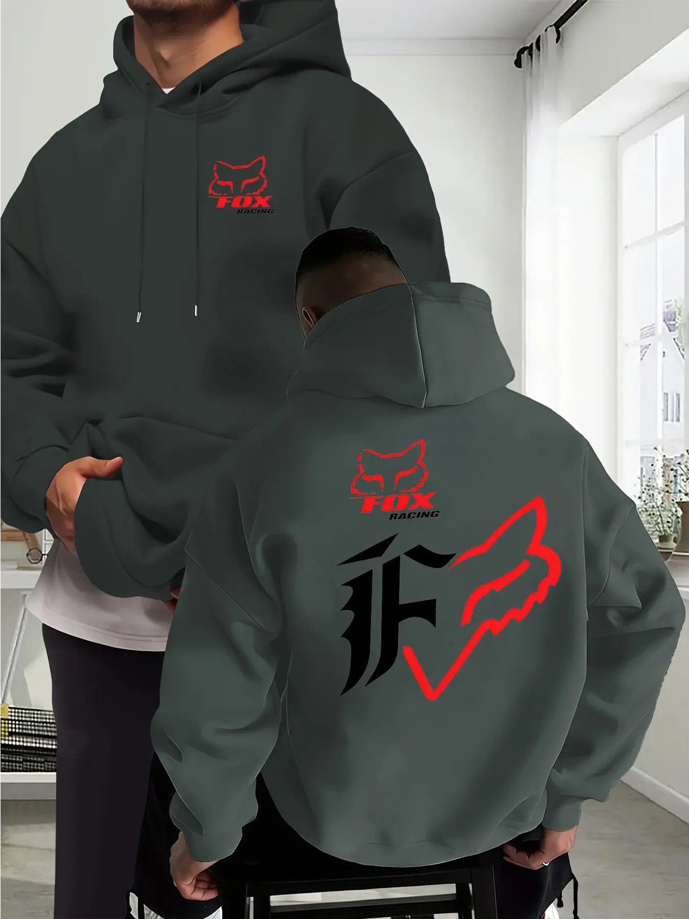 Men's Cool Motorcycle Fox Print Hoodie, Casual Long Sleeve, Dual-Sided Design, Drawstring Hood, Kangaroo Pocket, Loose Fit, Streetwear, Outdoor Riding