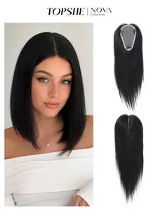 1pc Natural Black Human Hair Topper, Silky Straight Style, Invisible Silk Base with Clips, Instant Volume and Length, Breathable Toupee for Women with Thinning Hair, Daily Wear Office Ready Hairpiece, Real Human Hair Extensions