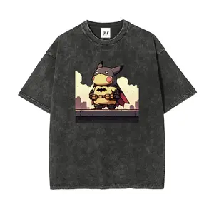 Vintage Acid Wash Pika-Batman Parody Graphic T-Shirt, Heavyweight Garment Dyed Cotton Tee, Drop Shoulder Oversized Fit Short Sleeve, Retro Streetwear, Novelty Cartoon Mashup Top, Casual Daily Outfit & Fan Gift for Men Women