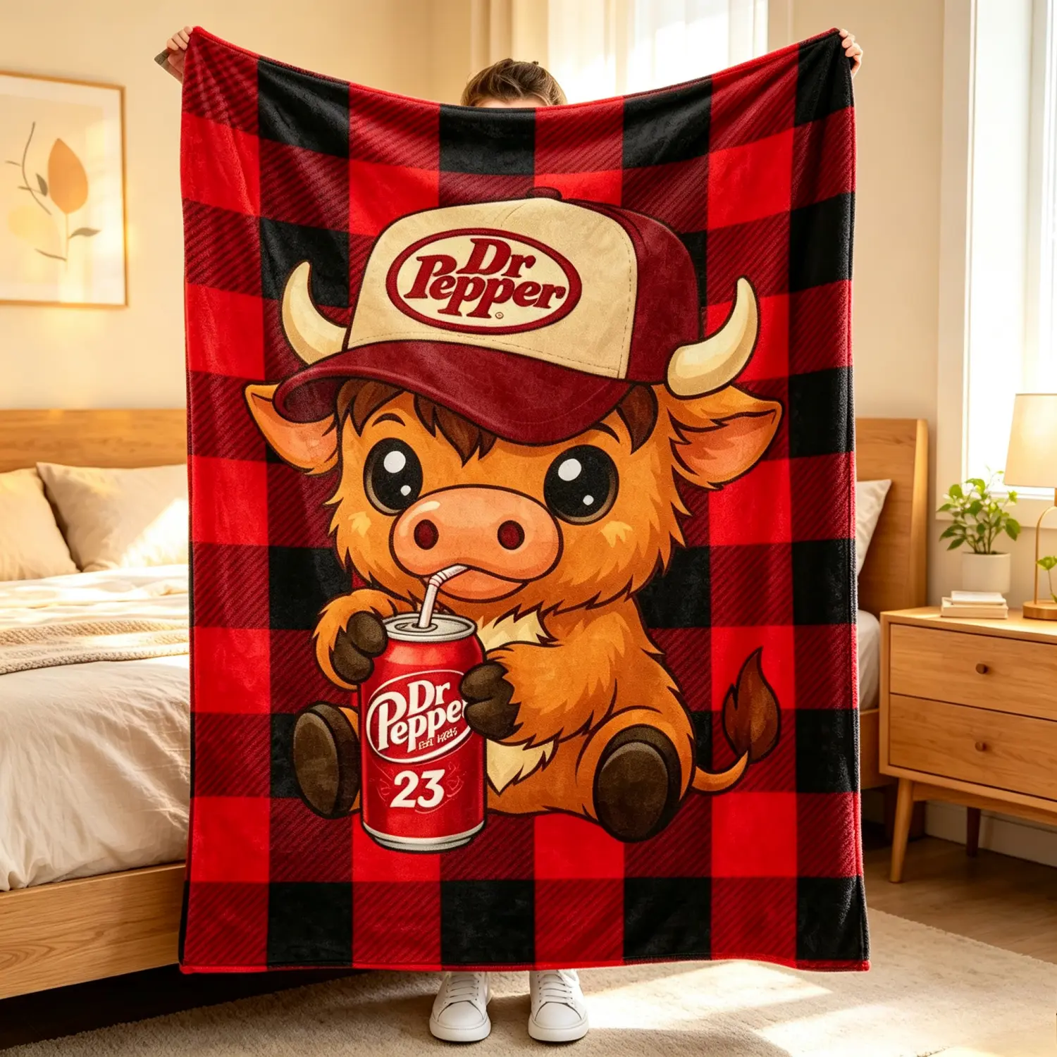 Cute Cartoon Highland Cow Wearing Cap Red Black Buffalo Plaid Flannel Throw Blanket, Retro Drink Themed Soft Warm Lightweight Bedding Blanket, Multi-Purpose Sofa Bed Nap Camping Travel Blanket, Rustic Country Home Decor Gift