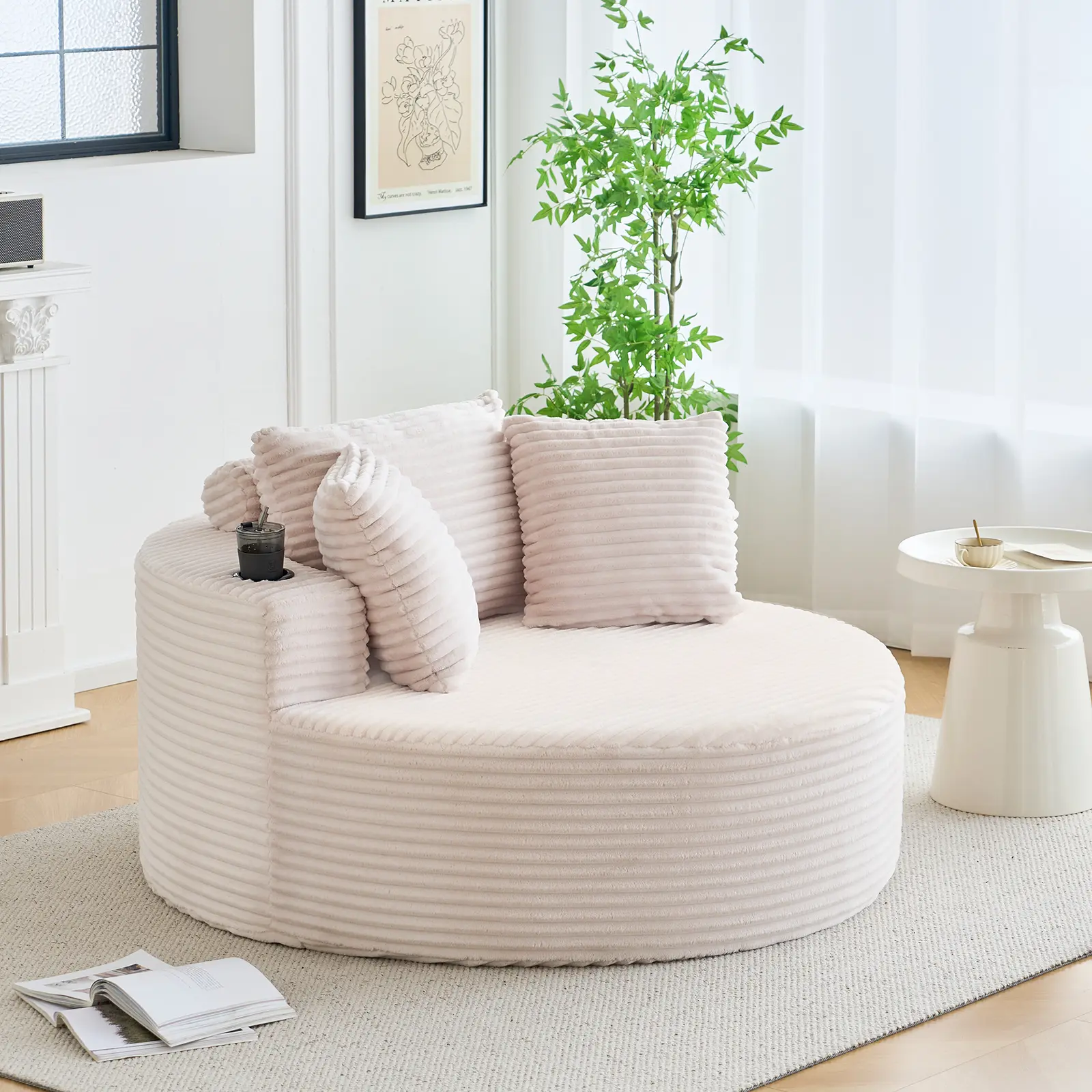 Oversized 55" Round Chaise Lounge Sofa – Deep Seat Cloud Sleeper with Cup Holders – Upholstered Corduroy, No Assembly Needed – Perfect for Living Room or Bedroom