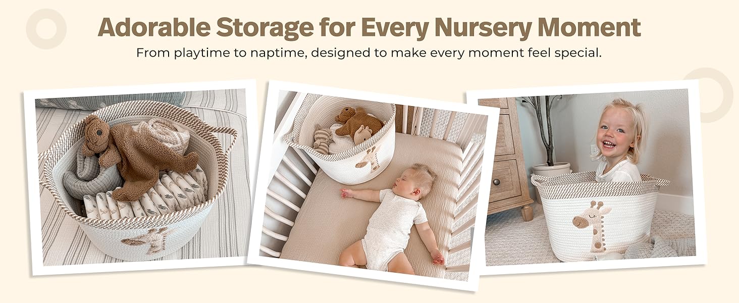 SUNDAY MIRTH Giraffe Storage Basket for Nursery – Large 15"x11" Cotton Rope Bin with Soft Felt Animal Patch – Toy Organizer, Baby Laundry Hamper, Diaper & Towel Holder – Foldable, Washable & Baby-Safe