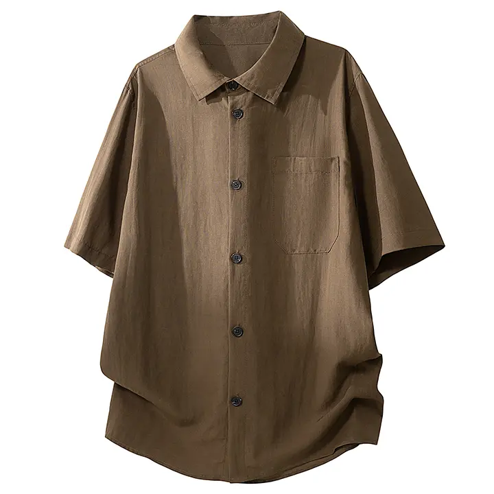 Men's Short-Sleeve Shirt, Classic Minimalist Turn-Down Collar Top in a Plain Wrinkled Lyocell Blend for Casual Wear, Foldable, Machine Wash, Slim-Fitting, Shortsleeve, Menswear, Stylish, T-Shirt, Casual Shirt