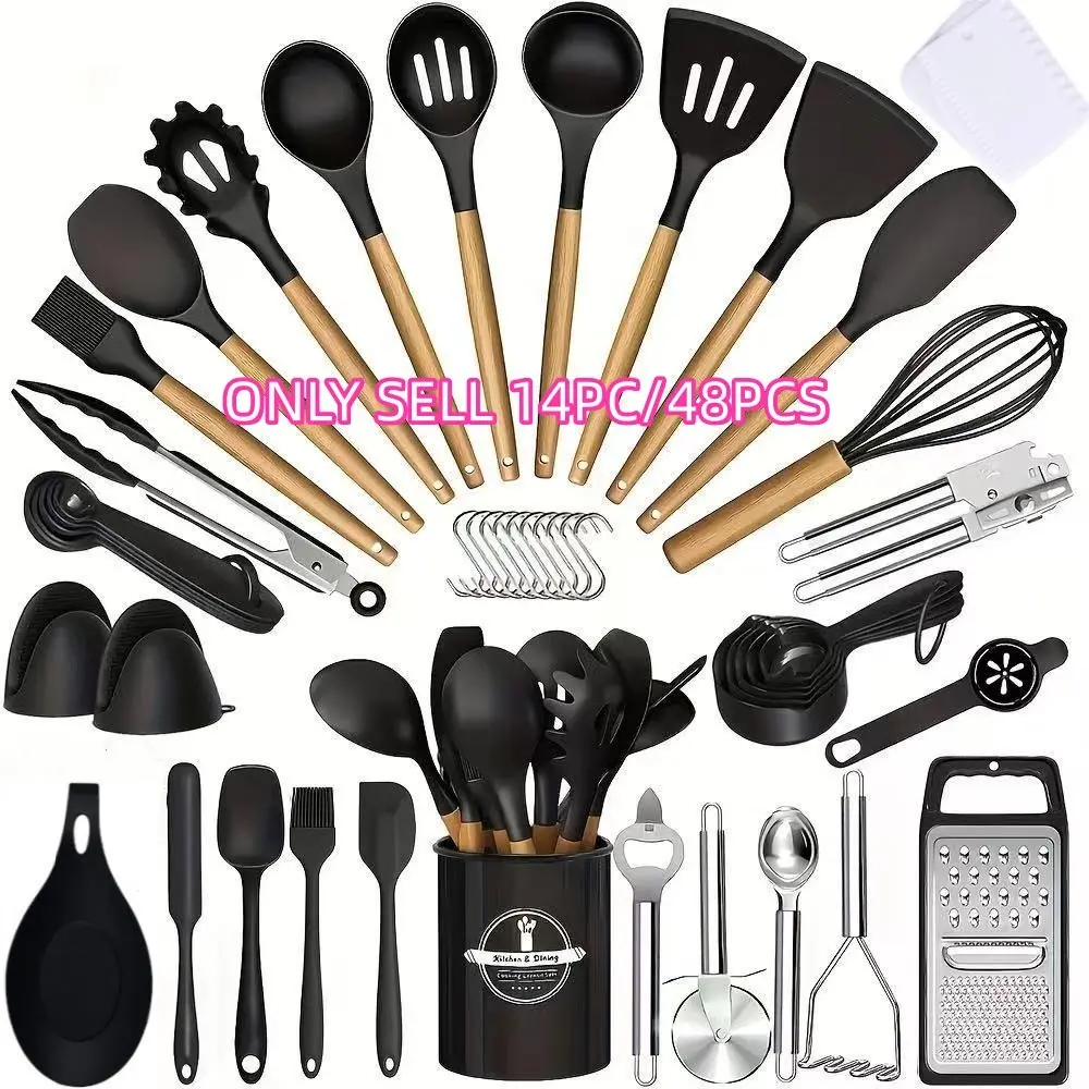 Silicone Kitchen Tool Set, Home Kitchen Use, 48-Piece & 14-Piece, Heat-Resistant, BPA-Free, Non-Stick Cooking Utensils, Perfect for Holidays