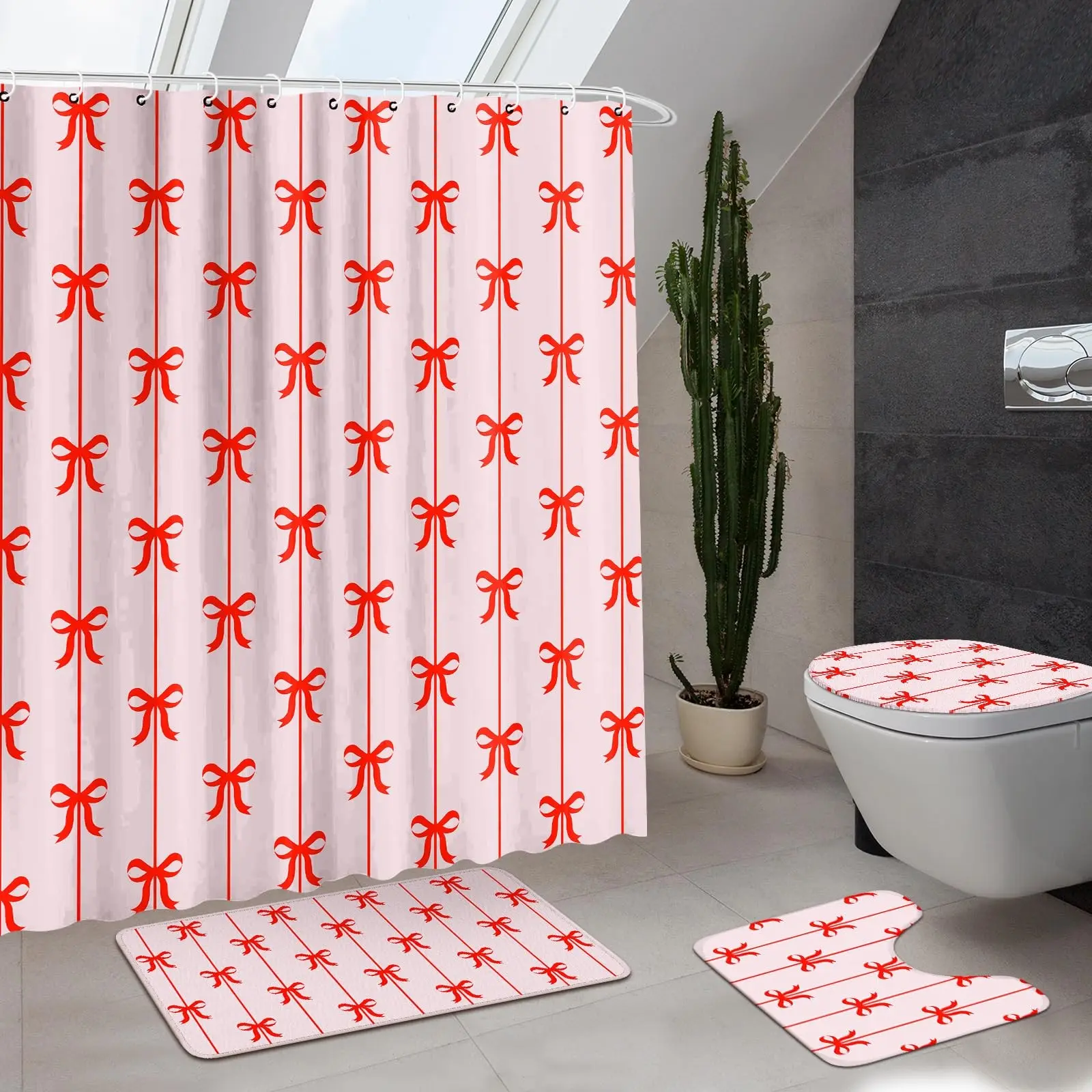 4 Pcs Bow Shower Curtain Set Cute Coquette Bathroom Decor Bow Knot Aesthetic,waterproof shower curtain set featuring a shower curtain, toilet seat cover, bath mat, and U-shaped toilet seat cover