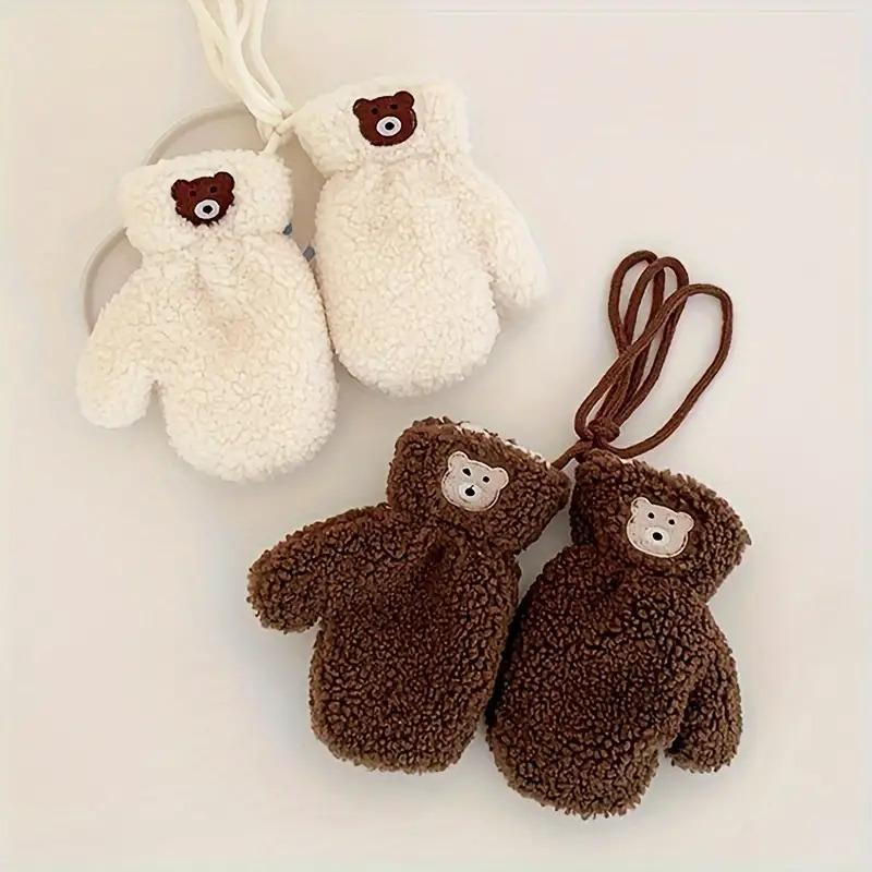 Kids Plush Winter Gloves with Neck Hanging Loop - Thick Warm Thermal Mittens for Boys & Girls 2-5 Years, Soft Brown/Beige/Gray/Black, Cozy Everyday & Play, Easy On/Off Design, Ideal for Christmas & New Year's Gifts, Adorable Plush Material for Boys & Girl