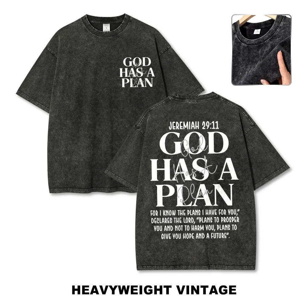 Oversized Vintage Washed Graphic Tee Men Women God Has A Plan Jeremiah 29:11 Heavyweight Acid Wash Christian Bible Verse T-Shirt Unisex Streetwear