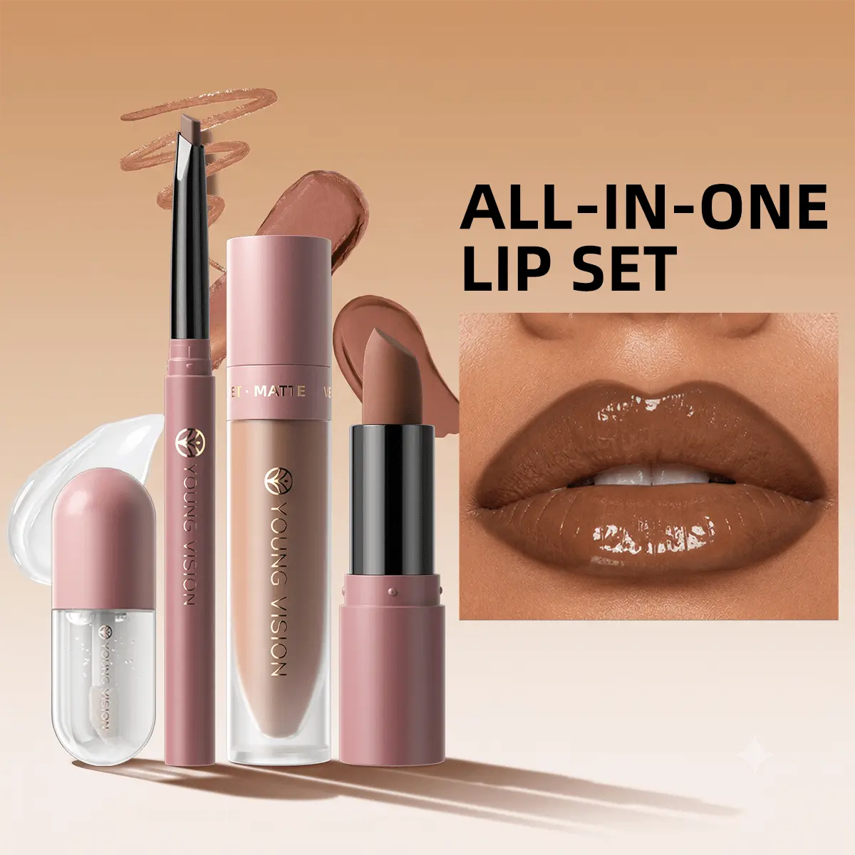 4Pcs All-In-One Nude Lip Makeup Set, Matte Lip Liner Pencil + Velvet Lipstick + Waterproof Transfer Resistant Lip Gloss + Hydrating Clear Lip Oil, Create Glossy Plump Western Style Lips, Long Lasting Non Fade Lip Cosmetic Kit For Daily Makeup