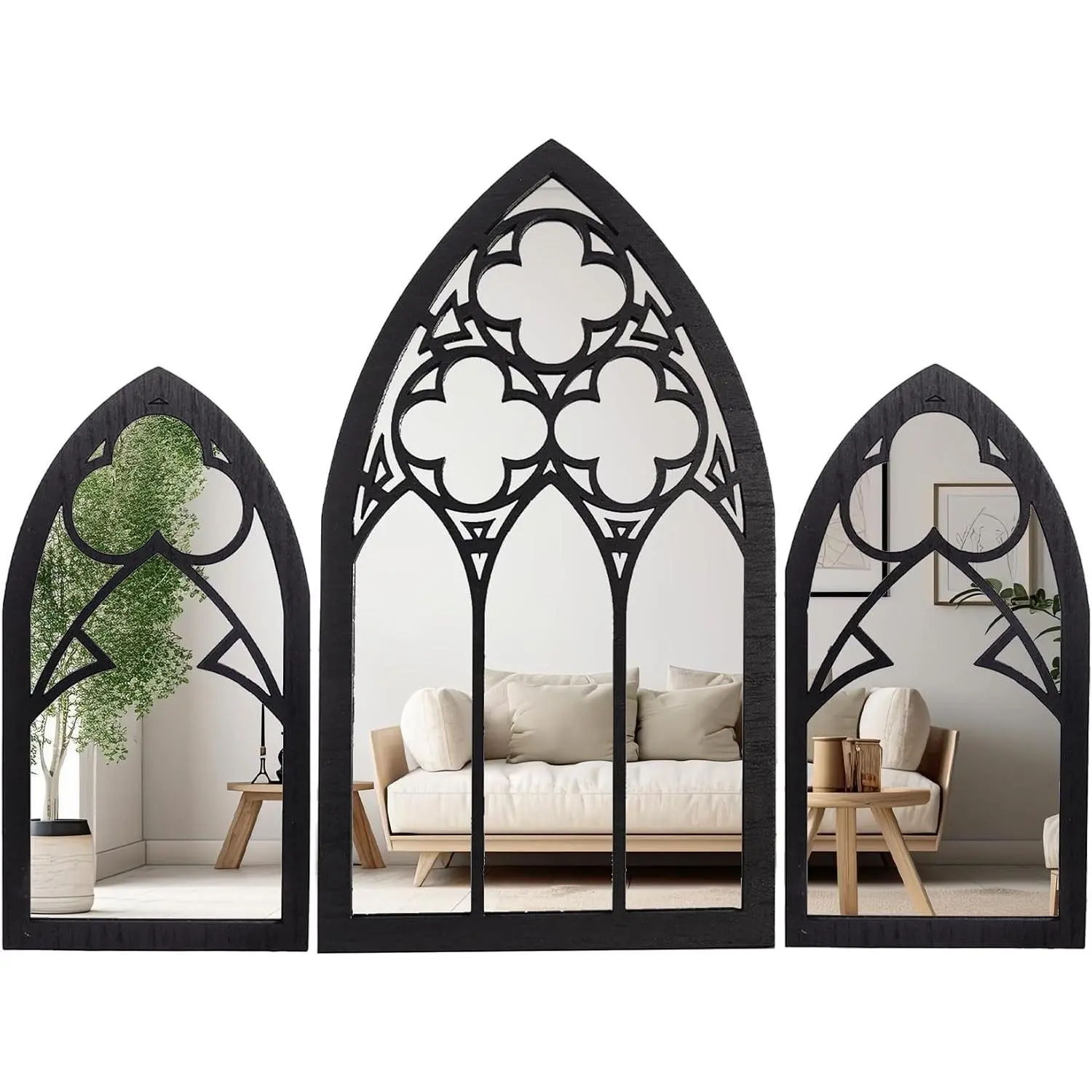 Gothic Mirrors Wall Decor - 3 Piece Set 15.8 Inch Gothic Furniture Cathedral Mirrors - Halloween Decor for Bathroom and Kitchen - Goth Accessories for Bedroom - Witchy Gifts for Women